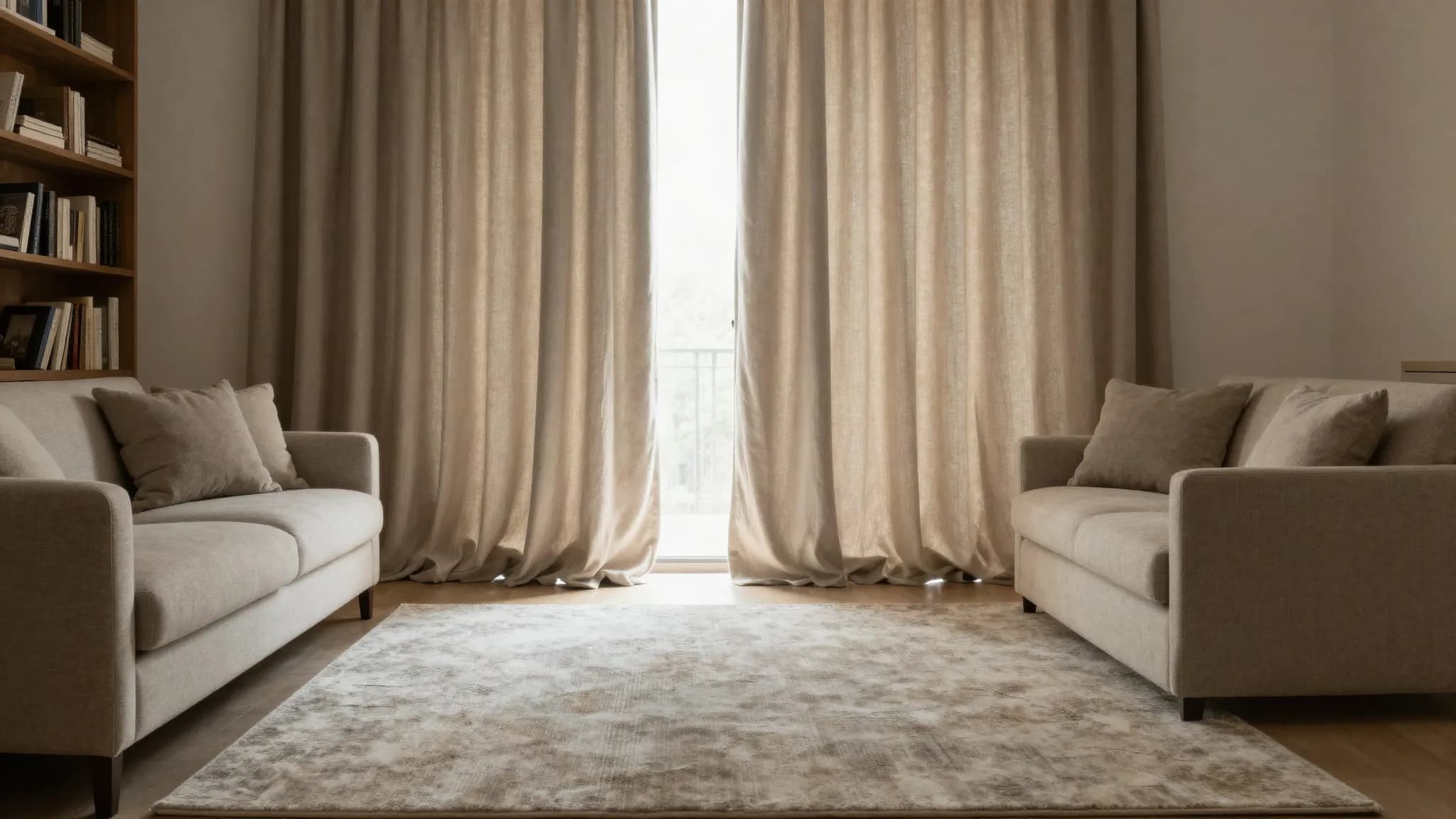 A living room with a large rug, heavy curtains and a full bookshelf
