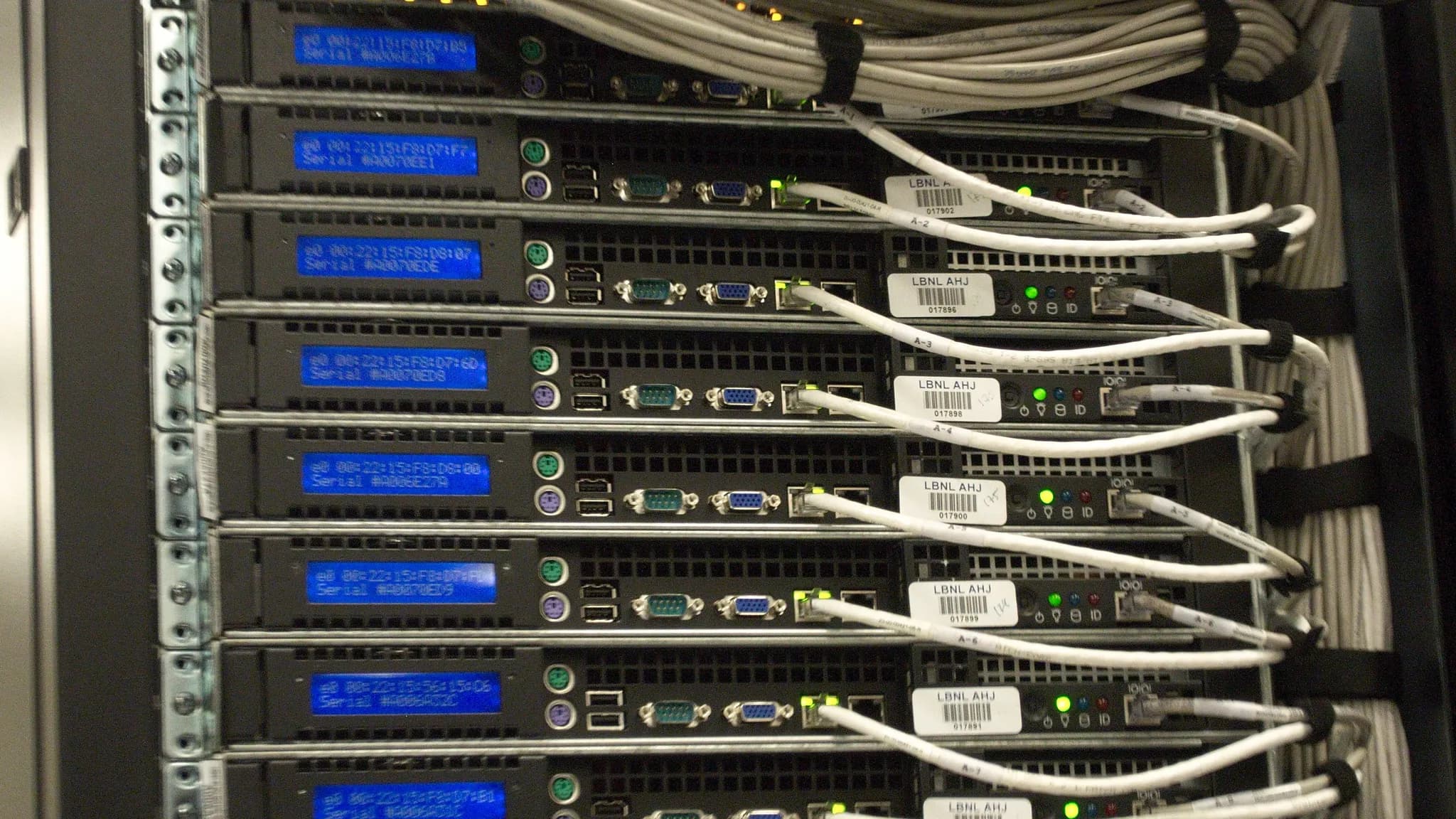 Rows of specialized servers inside a modern data center