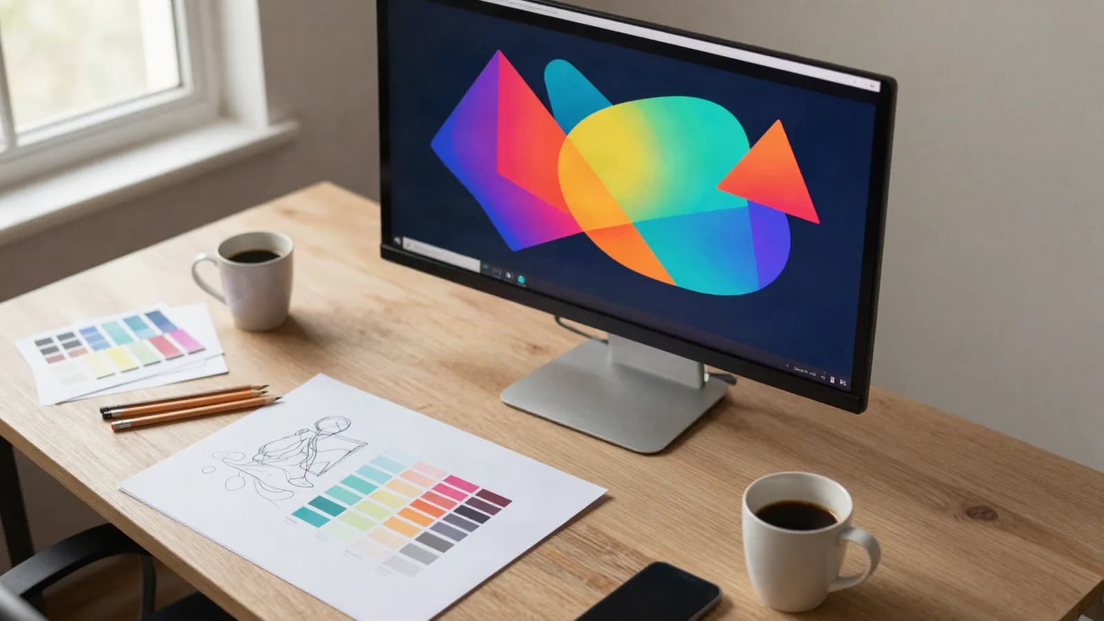 A designer's desk with a screen of layouts and printed sketches