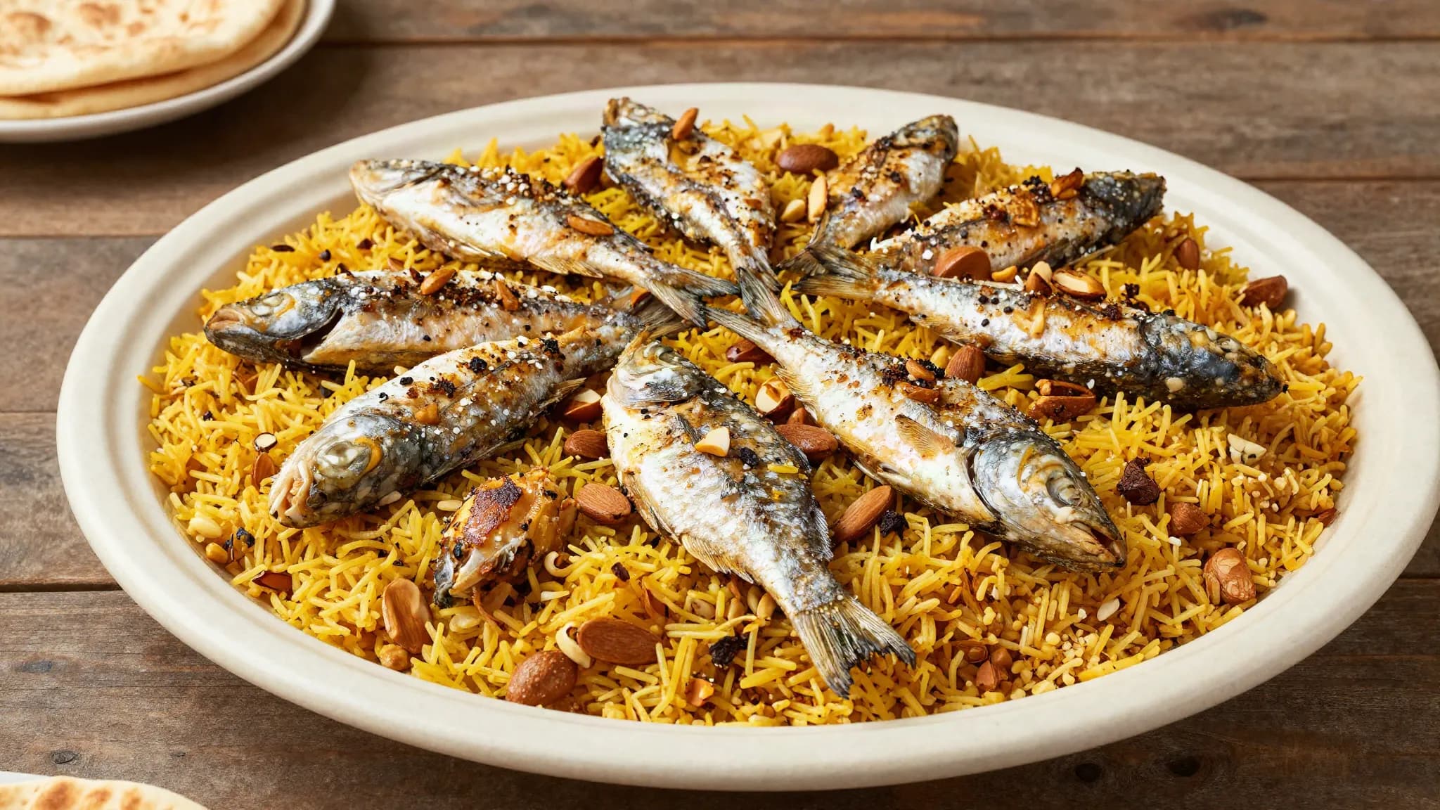 A platter of spiced rice topped with baked fish and almonds