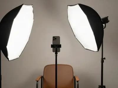 A phone on a tripod and softbox facing an empty chair