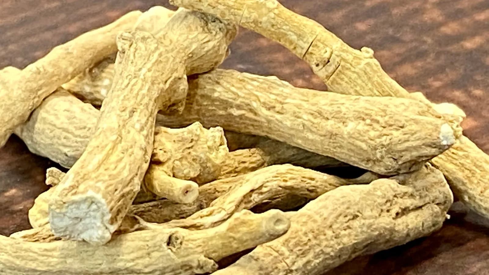 Dried ashwagandha roots, the part of Withania somnifera that is ground for supplements
