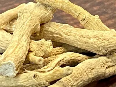 Dried ashwagandha roots, the part of Withania somnifera that is ground for supplements