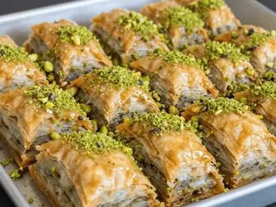 A tray of baklava cut into diamonds, glossy with syrup and topped with crushed green pistachio