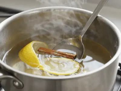 A pan of clear sugar syrup with a strip of lemon peel and a cinnamon stick steeping in it