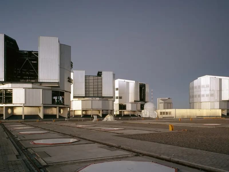 The four Unit Telescopes of ESO's Very Large Telescope on the platform at Cerro Paranal in Chile, ready for the night