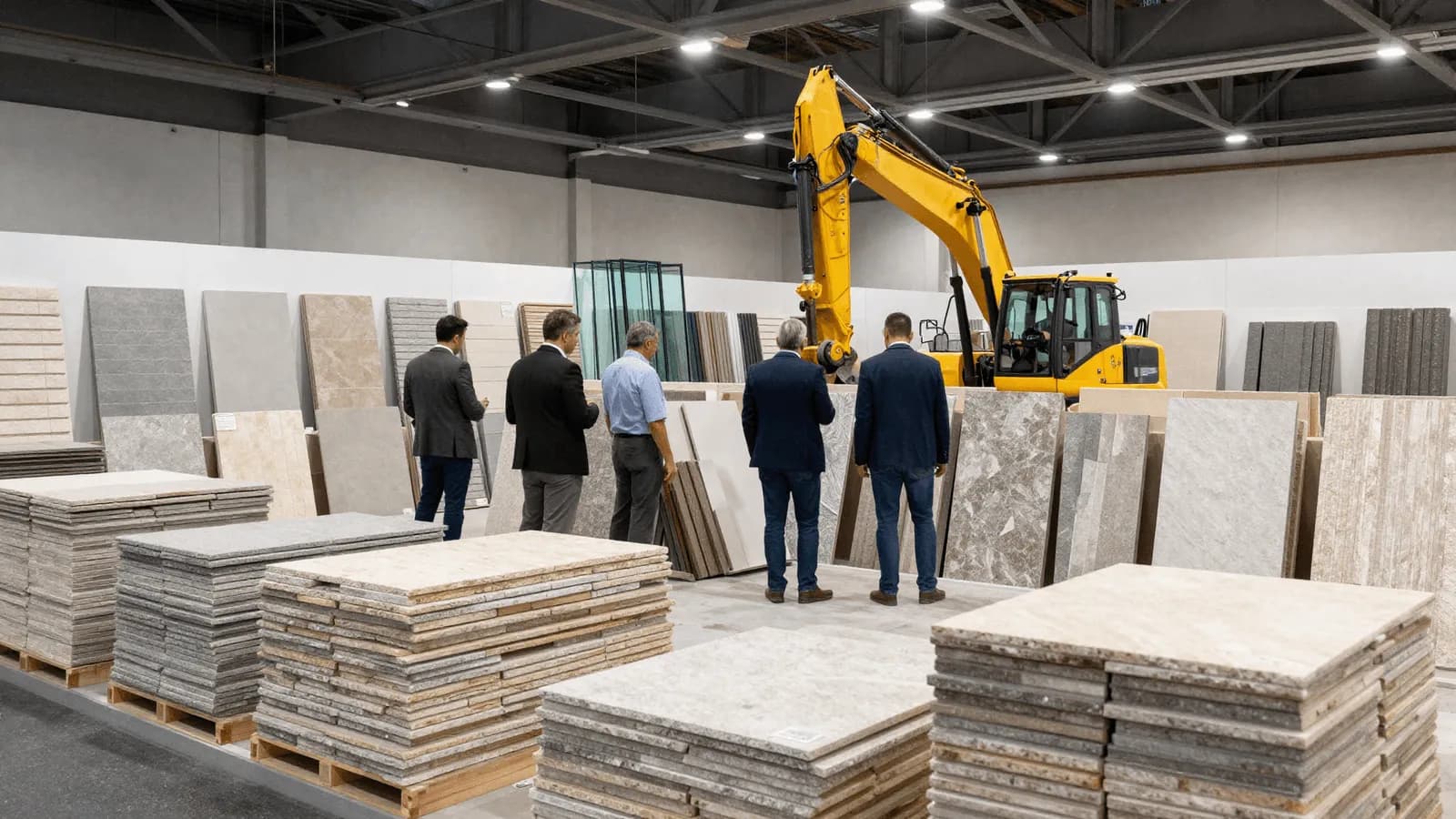 A construction industry exhibition hall with materials and equipment stands