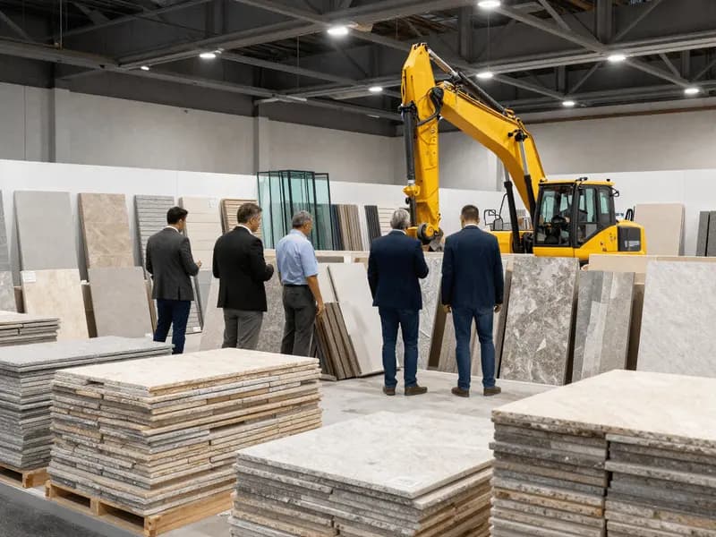 A construction industry exhibition hall with materials and equipment stands