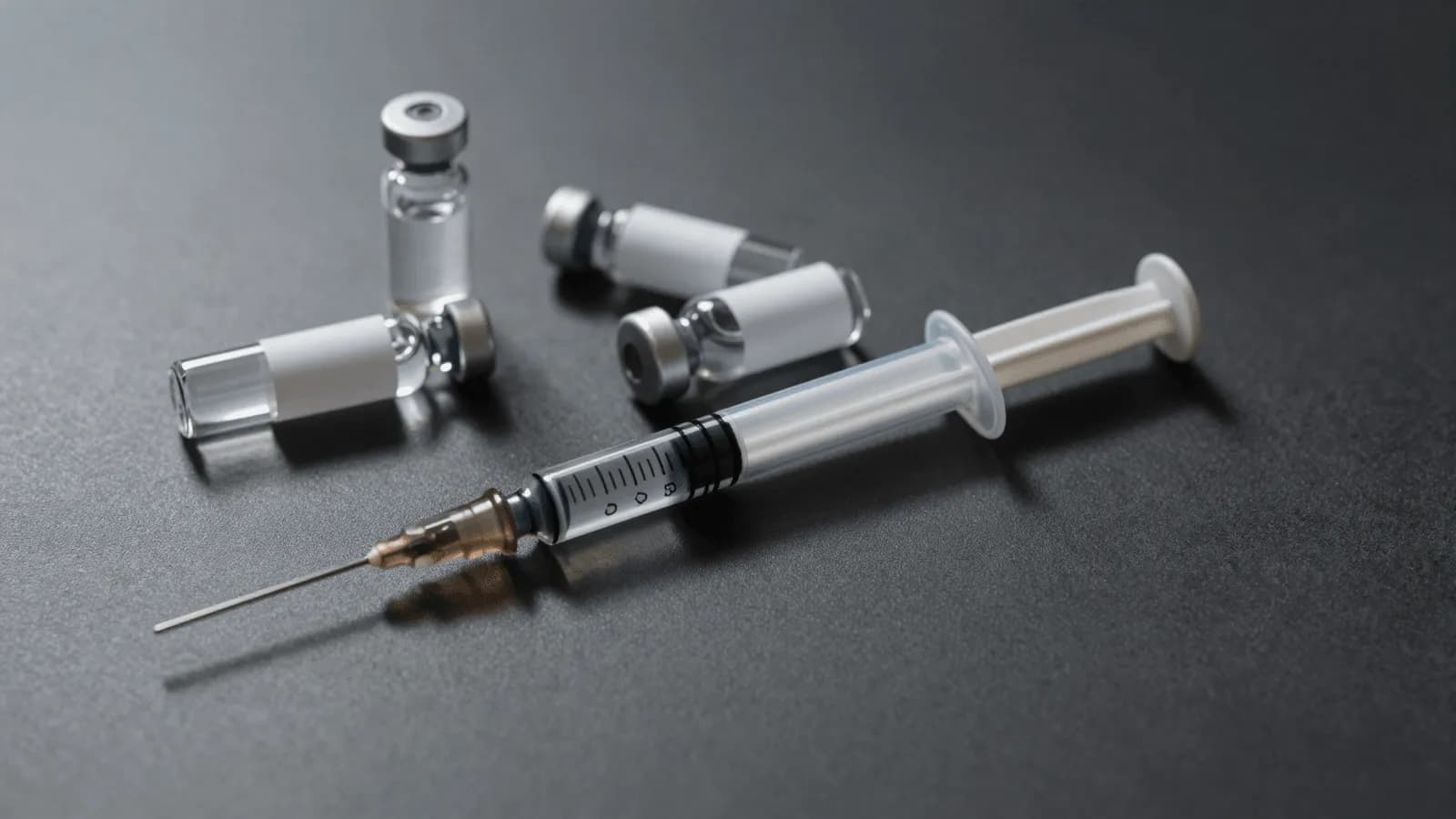 Small unlabelled vials and an insulin syringe on a plain surface