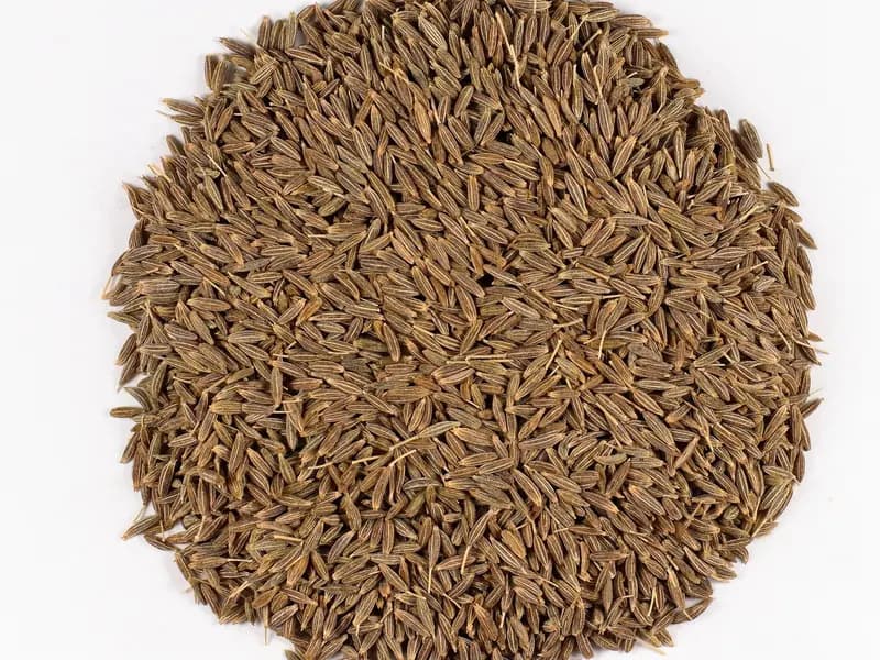 Whole cumin seeds photographed close up against white. Cumin is the first of the three seeds in this infusion and the one that dominates if you use too much