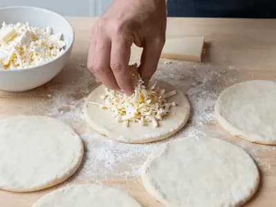 A hand scattering shredded white cheese over raw discs of flatbread dough on a floured wooden board
