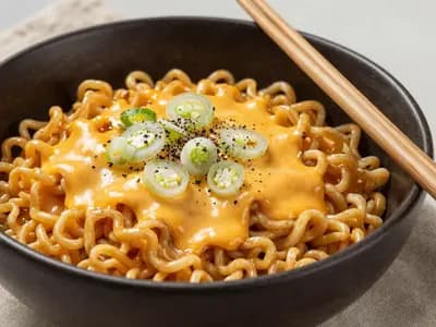 A generated illustration of a bowl of instant noodles coated in cheddar sauce with spring onions, not a photograph of any branded product