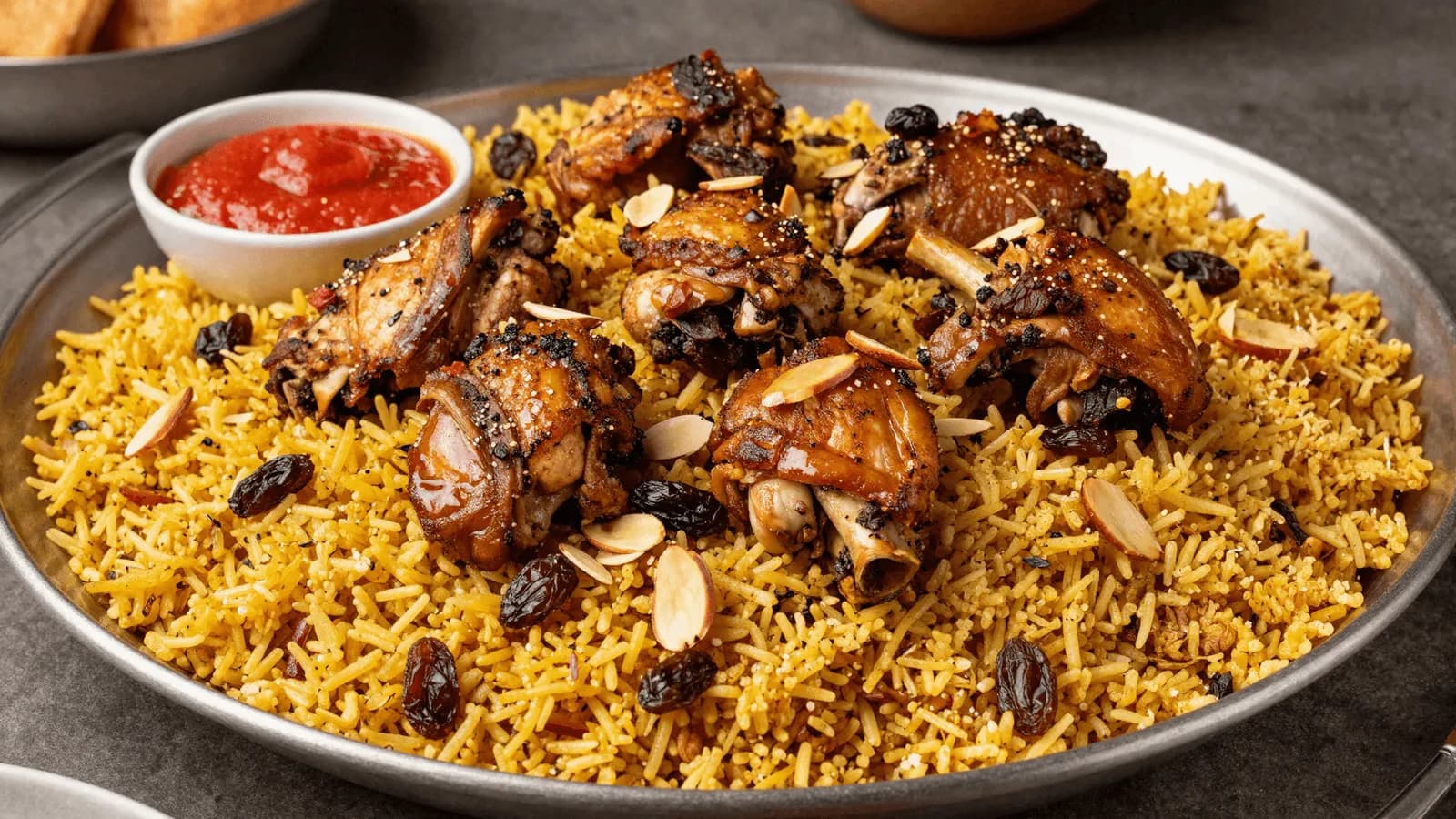 A large platter of spiced kabsa rice topped with browned chicken pieces and toasted almonds