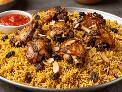 A large platter of spiced kabsa rice topped with browned chicken pieces and toasted almonds