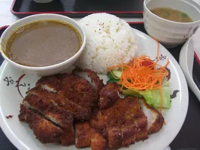 Golden panko-crusted chicken katsu cutlet with curry sauce and rice