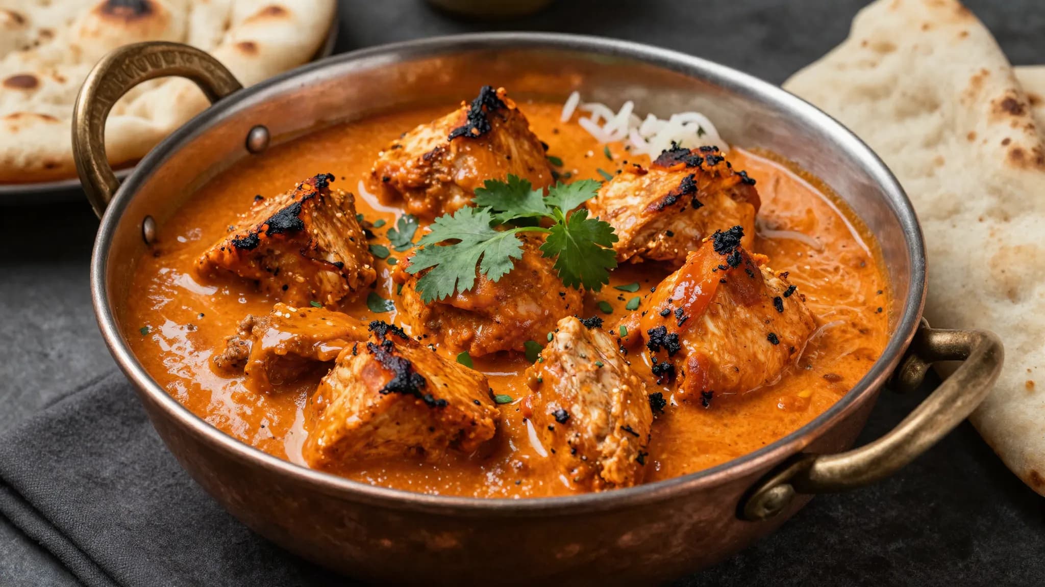 Chicken tikka masala in a copper bowl with naan