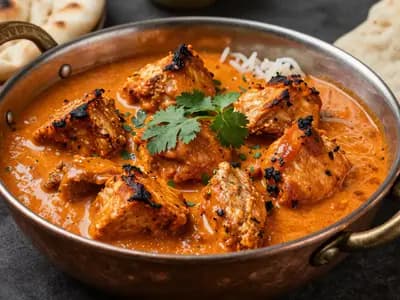 Chicken tikka masala in a copper bowl with naan