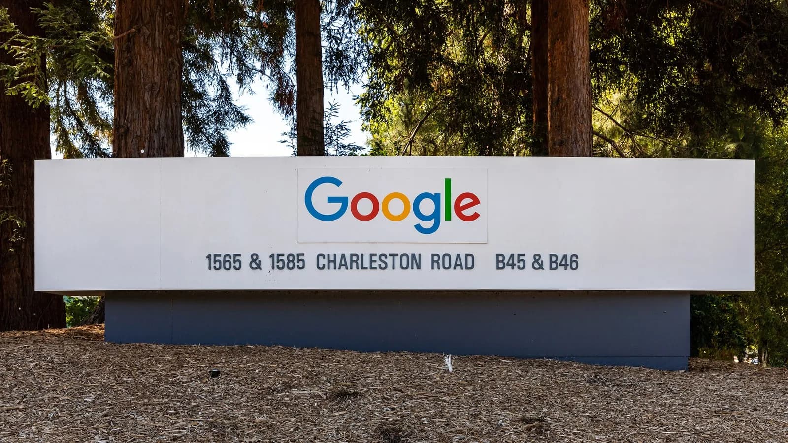 The Google sign outside the company's Charleston Road offices in Mountain View, California, photographed in 2022