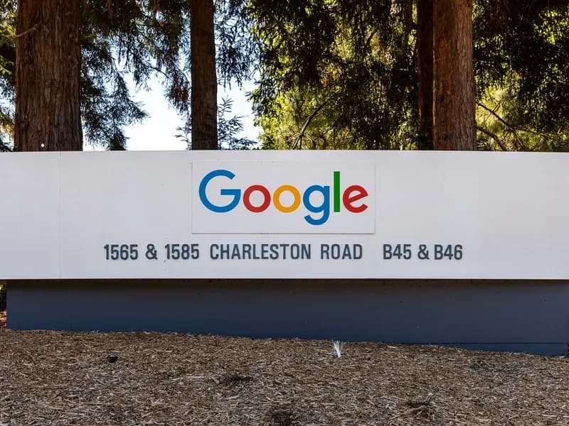 The Google sign outside the company's Charleston Road offices in Mountain View, California, photographed in 2022