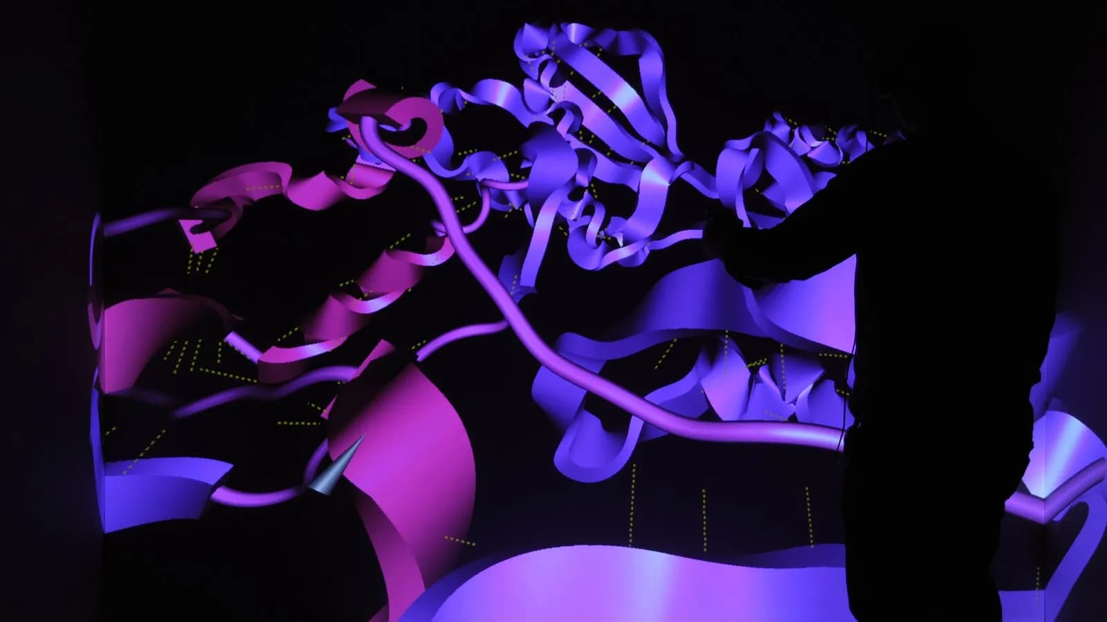 A three dimensional protein model rendered in a virtual environment at Idaho National Laboratory, where researchers can examine and manipulate the structure