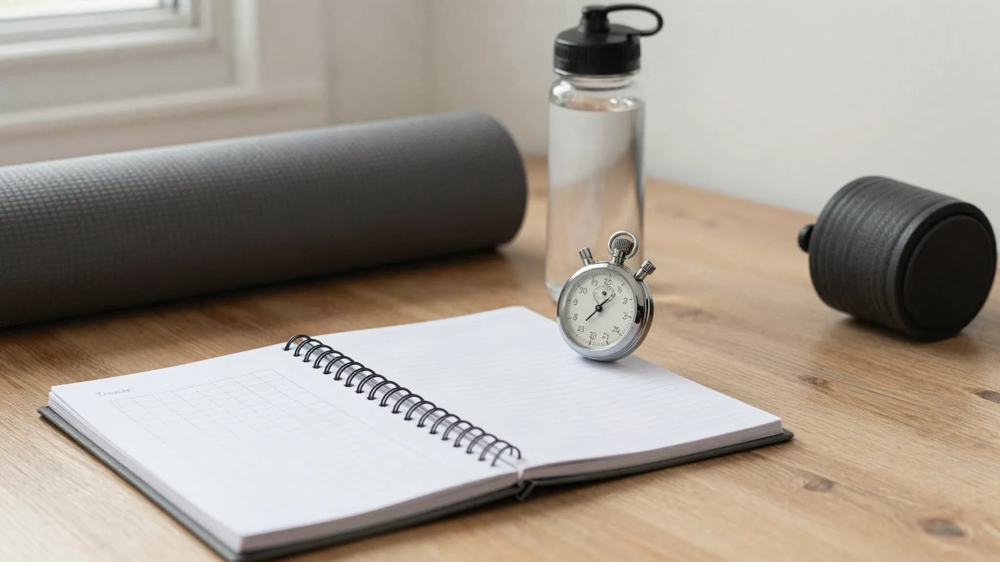 A stopwatch and training notebook on a floor beside an exercise mat