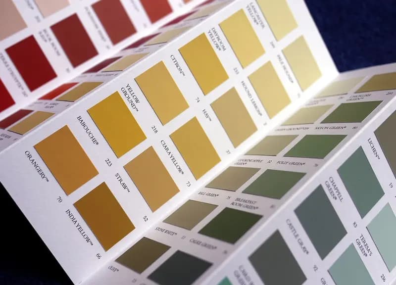 A fan of paint colour cards spread open