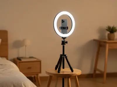 A phone on a tripod with a ring light facing an empty stool