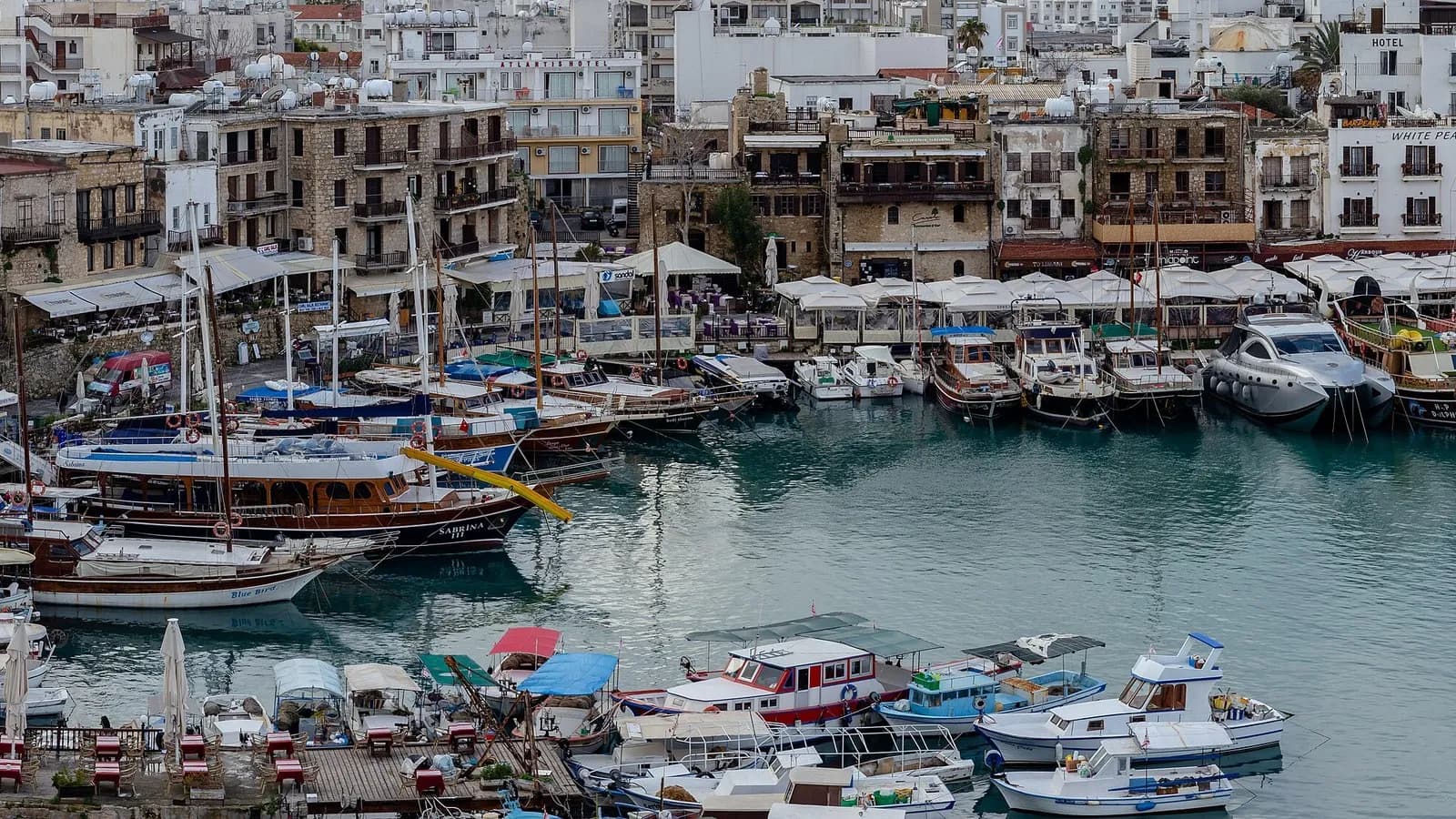 Small boats moored in the old harbour at Kyrenia in northern Cyprus, the town the ferry sailed from