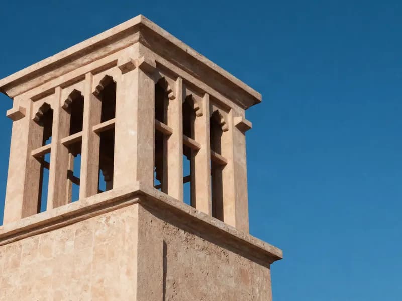 A traditional Gulf wind tower against a deep blue sky