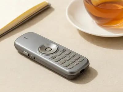 A basic feature phone beside a notebook and tea