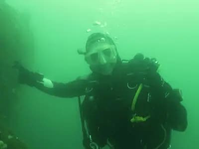 A diver holding a torch in green low visibility water on a wreck, the beam scattering off particles in front of them