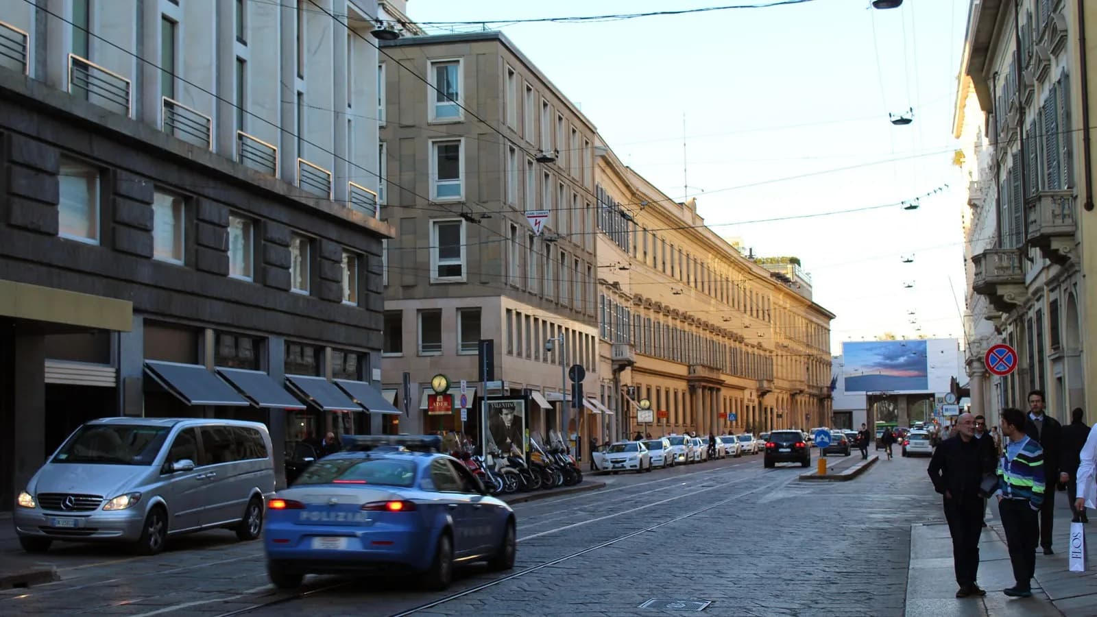 Via Montenapoleone in central Milan, the city's luxury shopping street, seen along the tram tracks