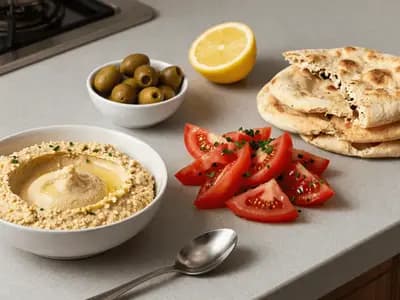 A simple weeknight spread of flatbread, dips and a chopped salad
