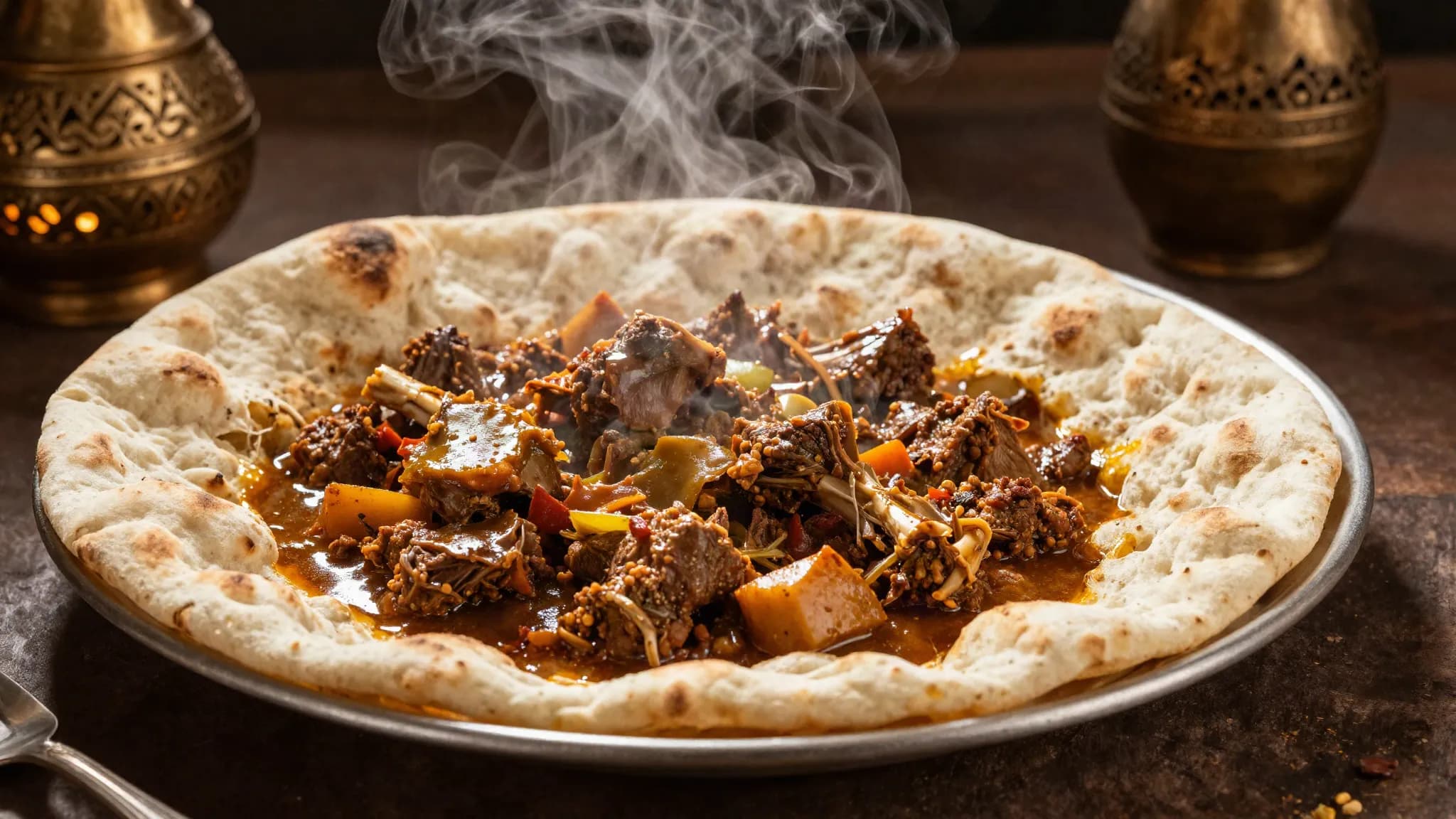 Lamb and vegetable stew poured over torn flatbread