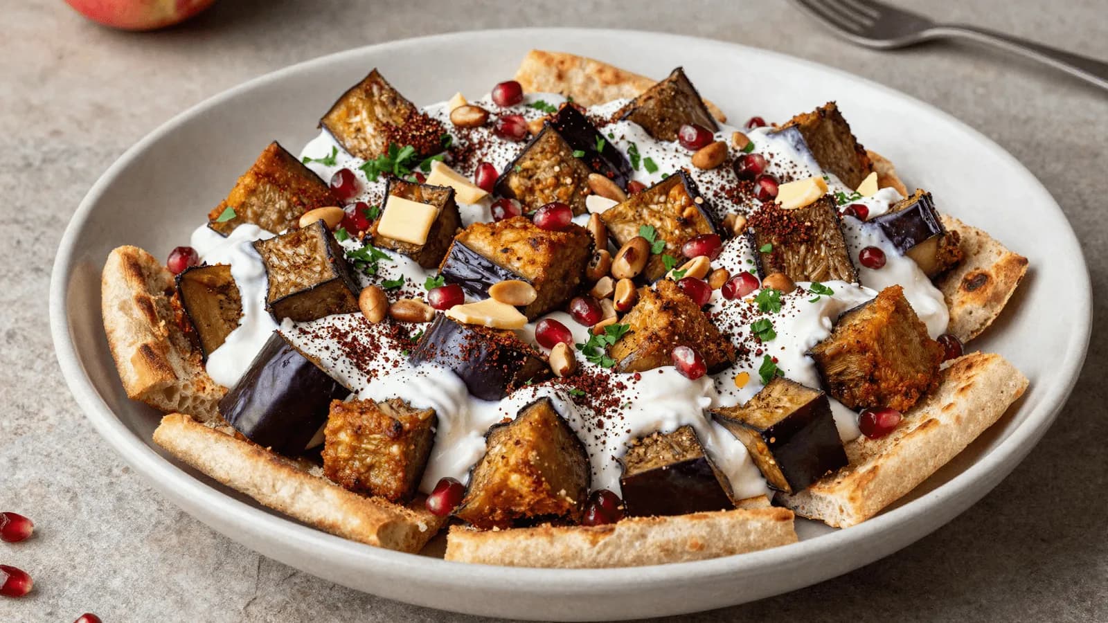 A wide dish of fried aubergine over toasted bread, covered in garlic yogurt and scattered with pine nuts and sumac