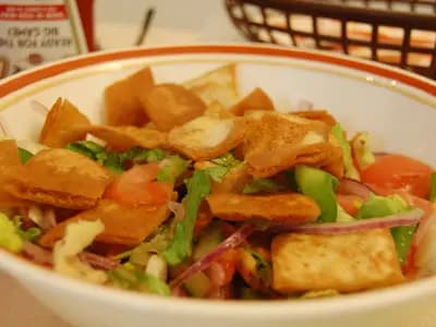 A vibrant bowl of fattoush salad with lettuce, tomatoes, cucumbers, and golden pita chips