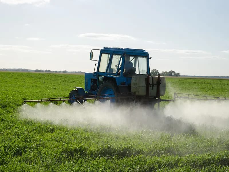 A farmer inspecting crops beside fertilizer and grain supplies
