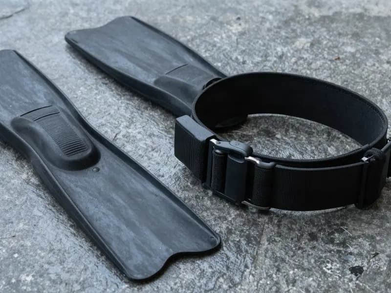A rubber freediving weight belt with lead weights on wet stone