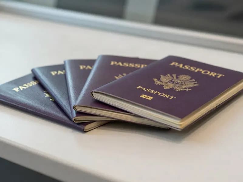 A fan of plain burgundy passports on an airport counter