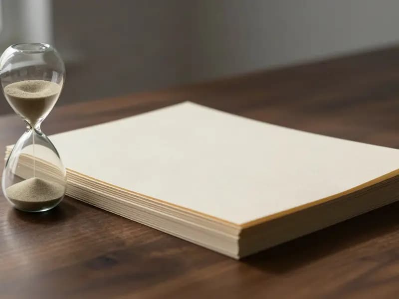 Editorial illustration of an hourglass beside a stack of blank paper on a dark desk