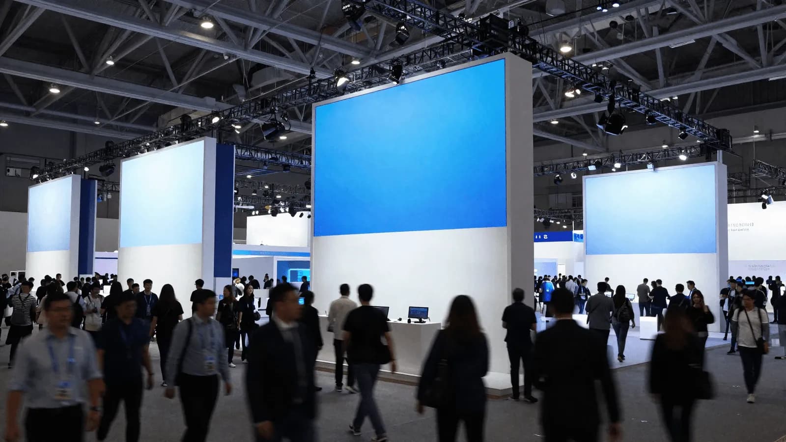 A vast technology exhibition hall with illuminated stands and crowds of visitors