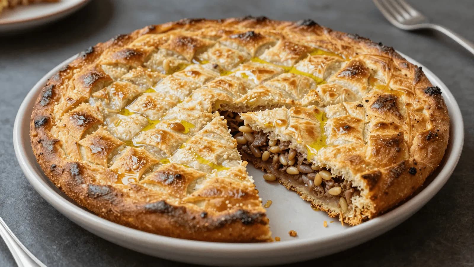 A baked tray of kibbeh scored into diamonds, deep gold on top