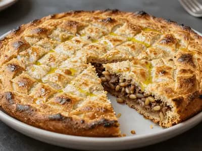 A baked tray of kibbeh scored into diamonds, deep gold on top