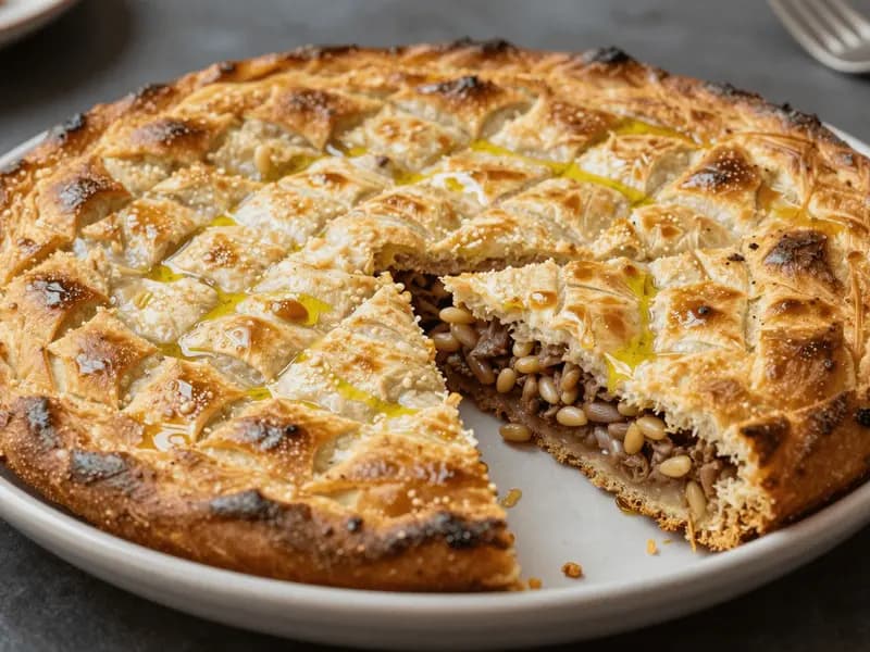 A baked tray of kibbeh scored into diamonds, deep gold on top