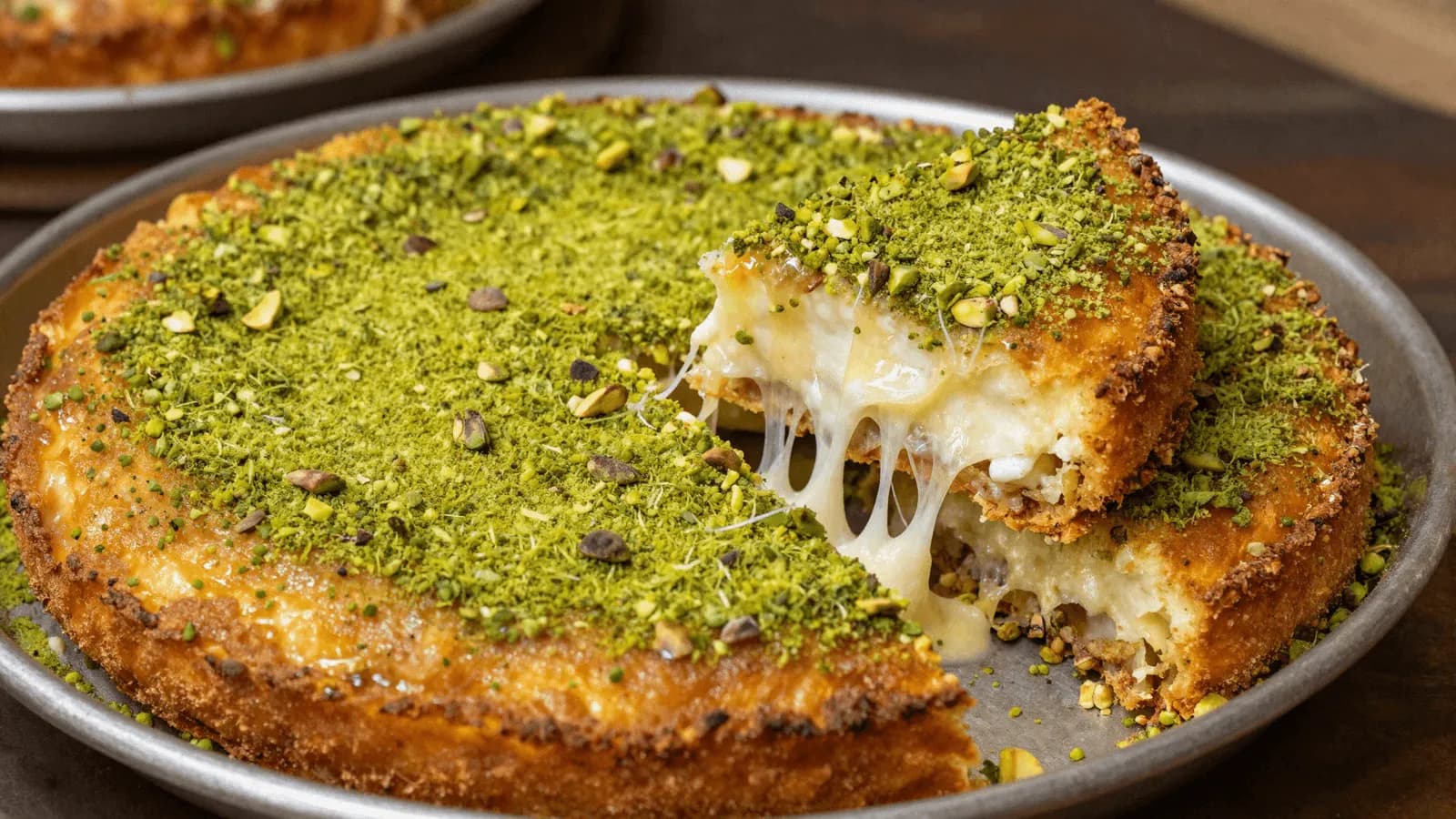 A round of knafeh topped with crushed pistachios, one slice lifted to show the cheese