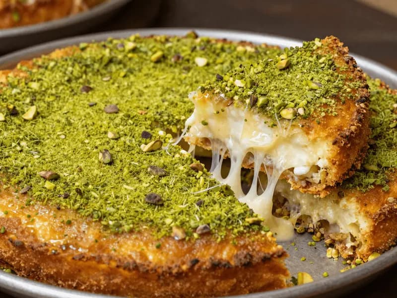 A round of knafeh topped with crushed pistachios, one slice lifted to show the cheese