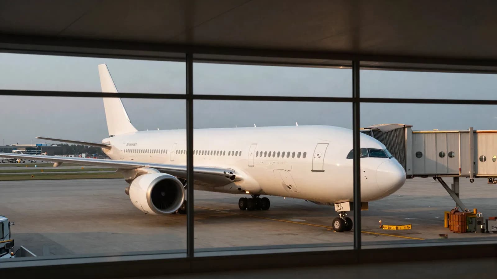 An aircraft seen through an airport terminal window in the evening