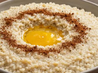 A dish of harees with melted ghee pooling in the centre