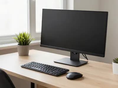 A tidy home desk with a raised monitor and separate keyboard