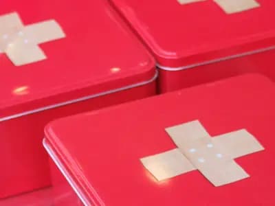 Red metal first aid tins marked with plaster crosses, a stand-in for a household kit and not a fully stocked one, photographed in January 2009